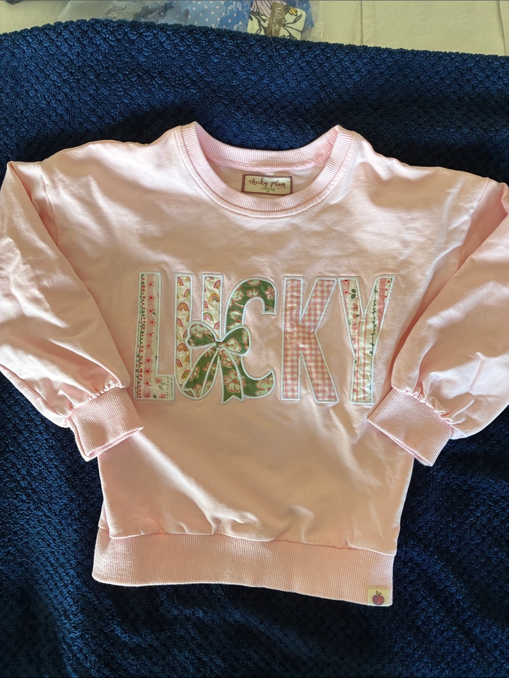 cheeky plum Pink 'LUCKY' Applique Sweatshirt with Bow Accent